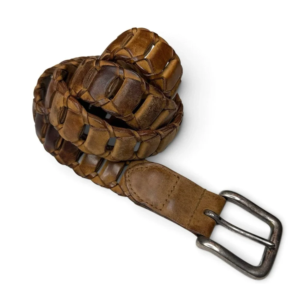 Vintage Braided Link Leather Solid Brass Buckle Belt Brown Patina MEN'S 32